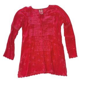 Johnny Was Silk Tunic XS Red Embroidered Boho Sheer Festival Top Orig $250